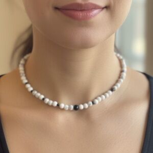 NEUTRAL LUXURY Choker Necklace ONYX HOWLITE STERLING SILVER 925 NEW Y2K KUWAII